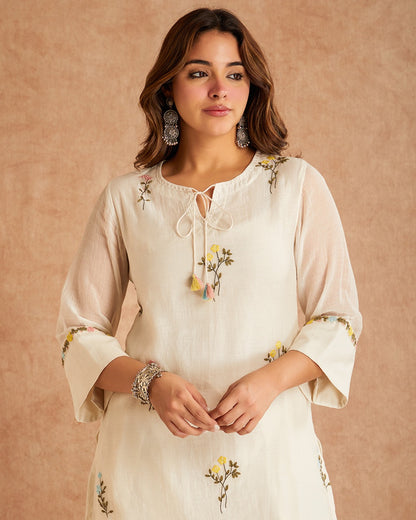 Elegant Ivory Floral Embroidered Cotton Kurta Set with Dupatta