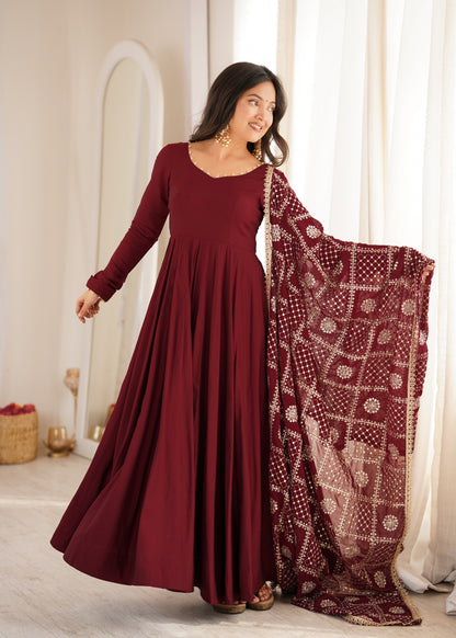 Maroon Anarkali Suit Set with Embroidered Dupatta – Elegant Festive Wear for Women