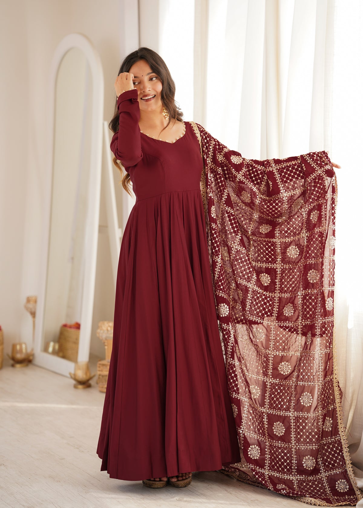 Maroon Anarkali Suit Set with Embroidered Dupatta – Elegant Festive Wear for Women