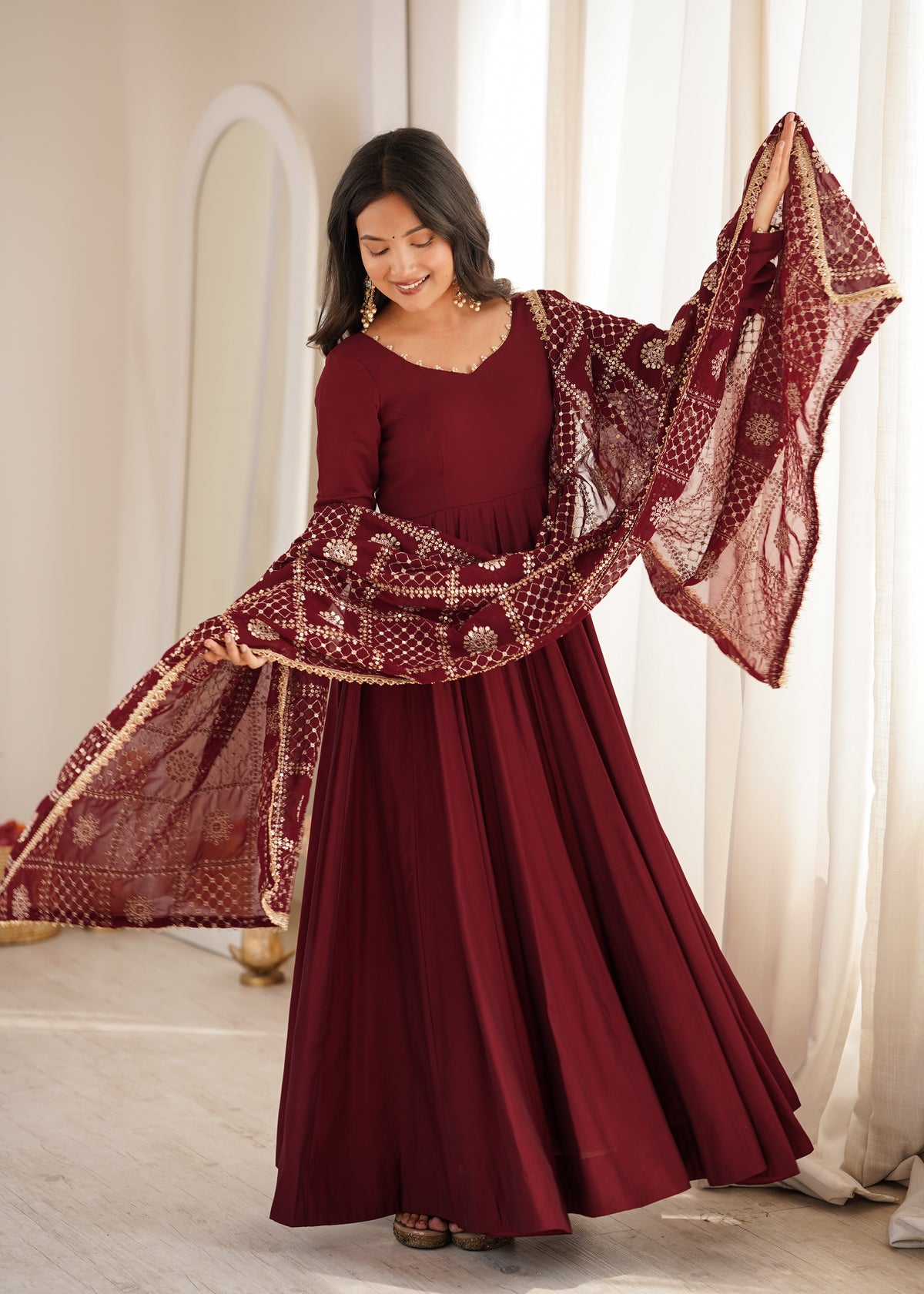Maroon Anarkali Suit Set with Embroidered Dupatta – Elegant Festive Wear for Women