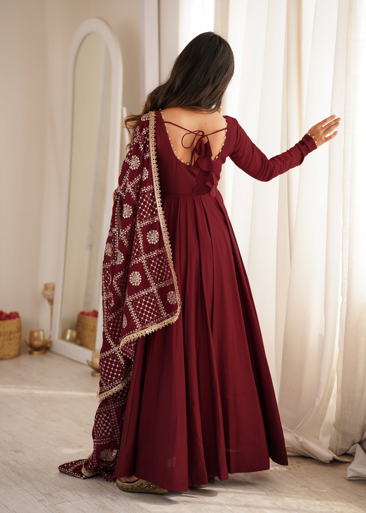Maroon Anarkali Suit Set with Embroidered Dupatta – Elegant Festive Wear for Women
