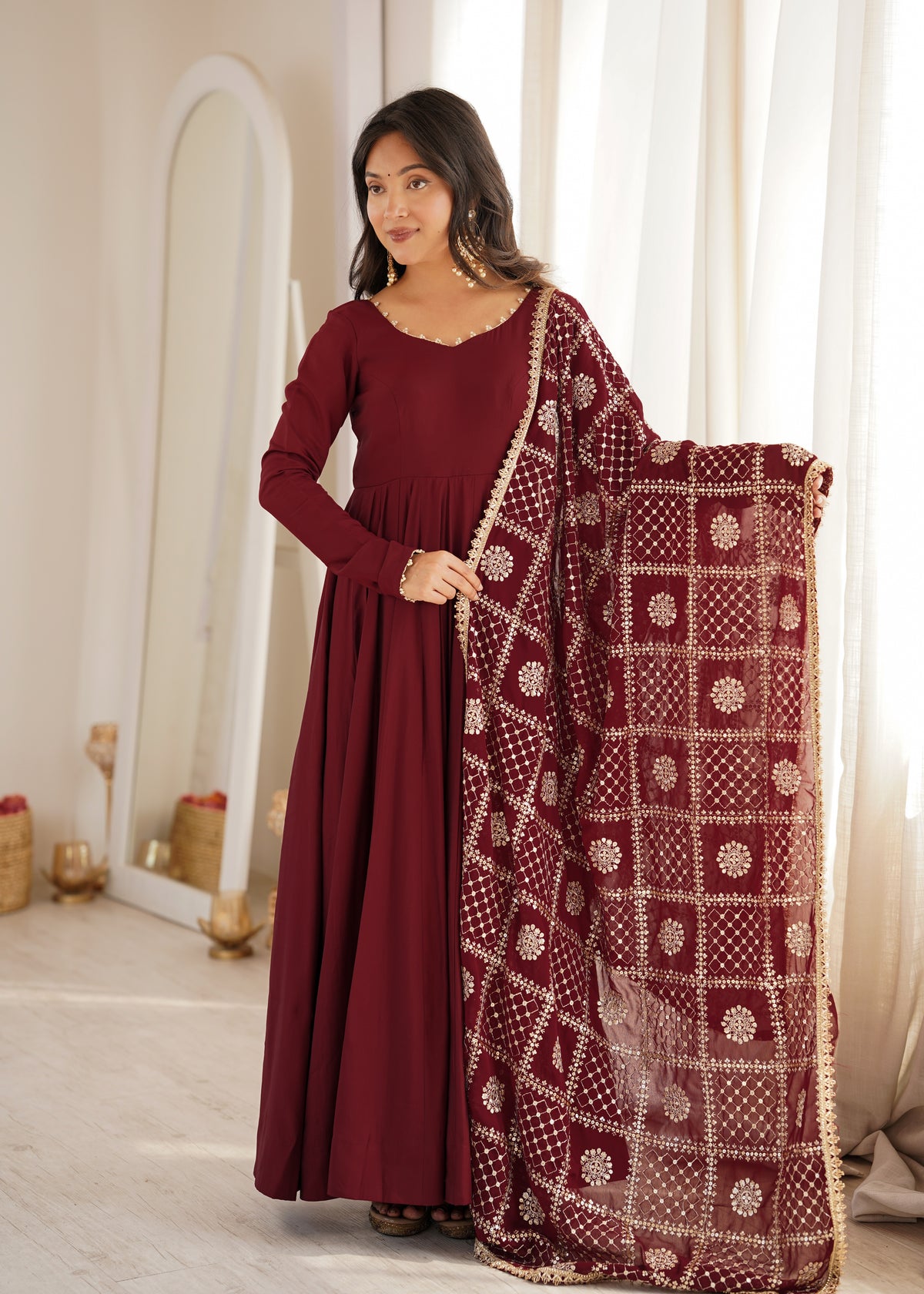Maroon Anarkali Suit Set with Embroidered Dupatta – Elegant Festive Wear for Women