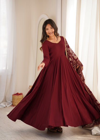 Maroon Anarkali Suit Set with Embroidered Dupatta – Elegant Festive Wear for Women