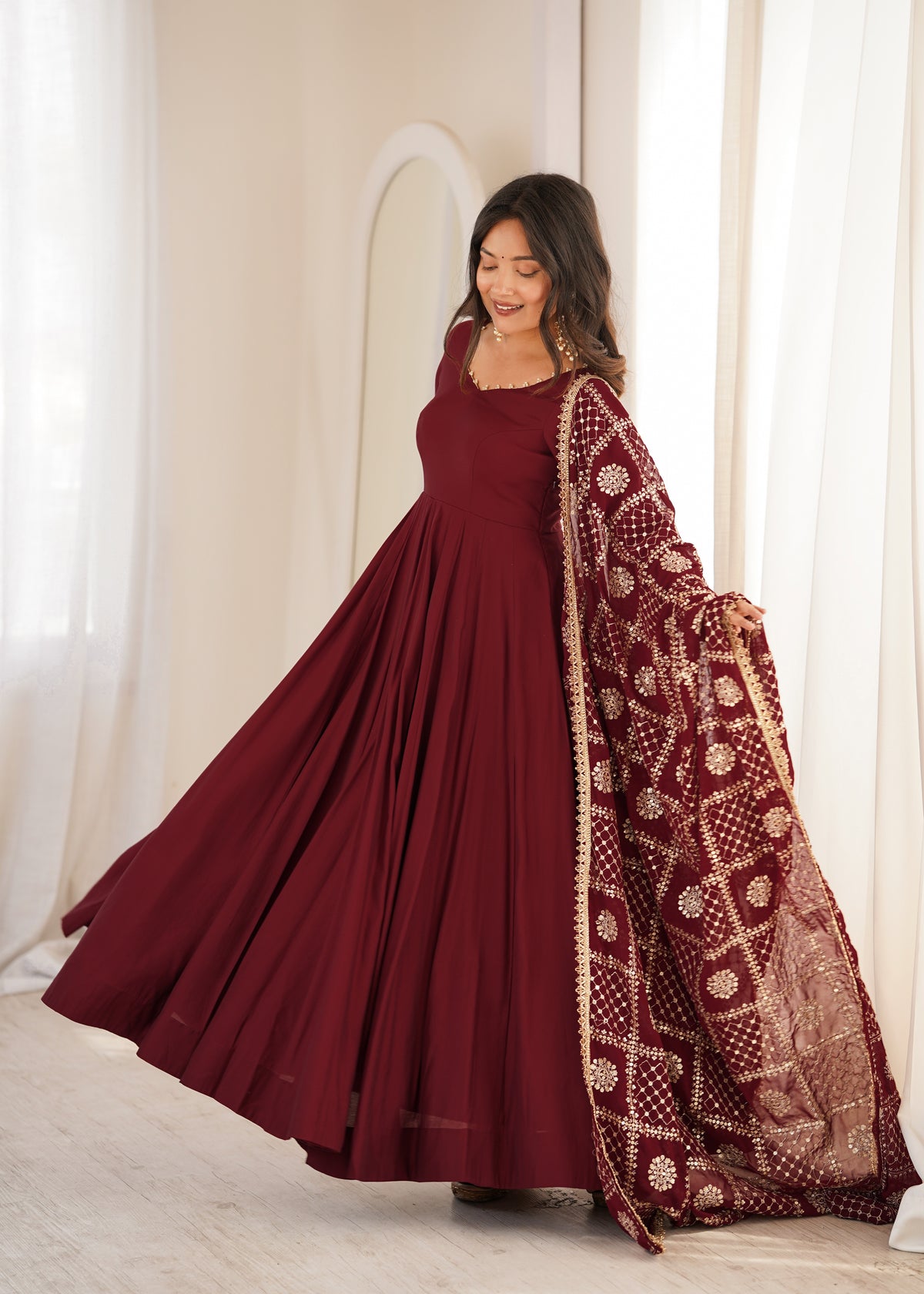 Maroon Anarkali Suit Set with Embroidered Dupatta – Elegant Festive Wear for Women