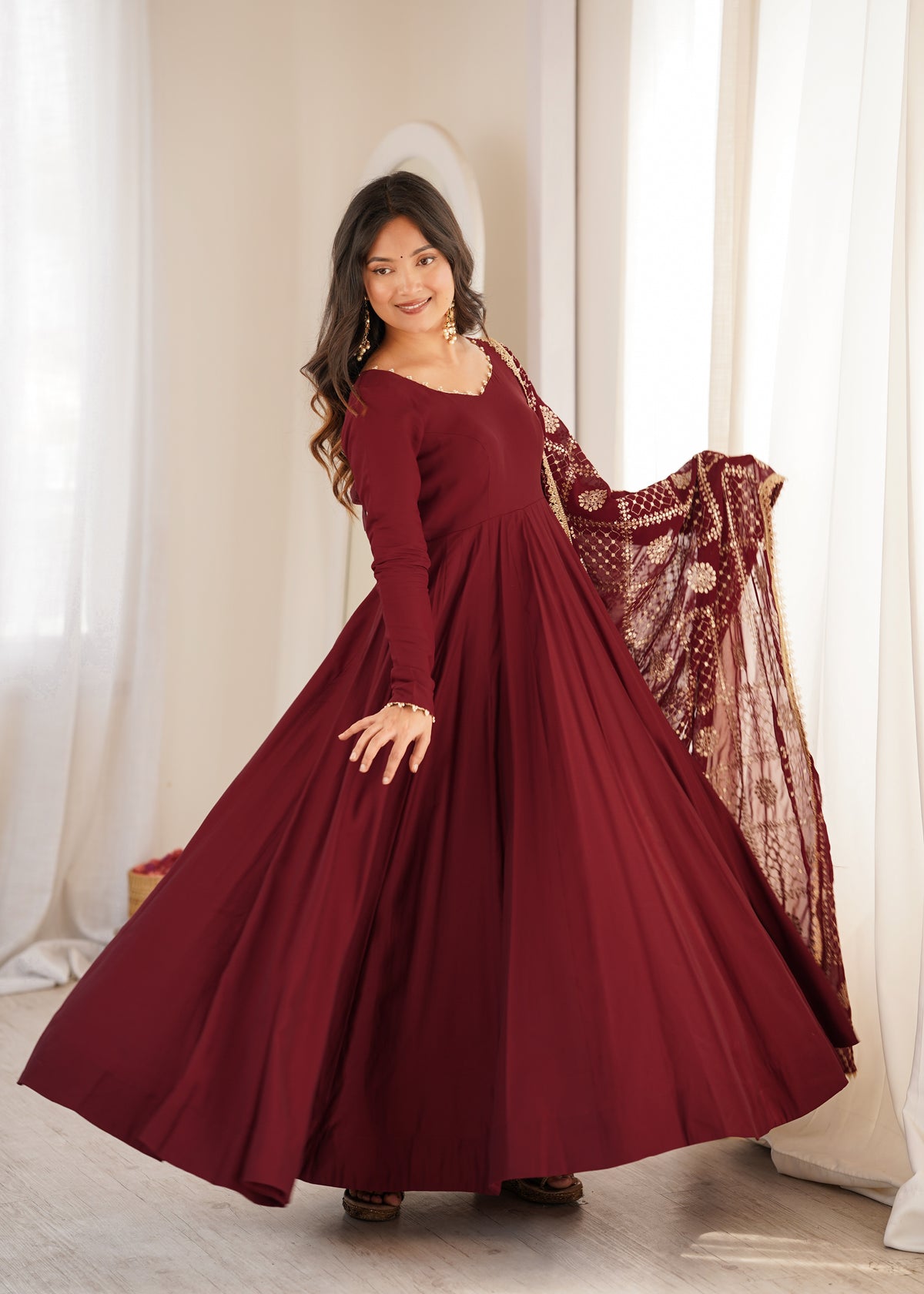 Maroon Anarkali Suit Set with Embroidered Dupatta – Elegant Festive Wear for Women