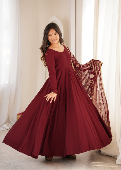 Maroon Anarkali Suit Set with Embroidered Dupatta – Elegant Festive Wear for Women