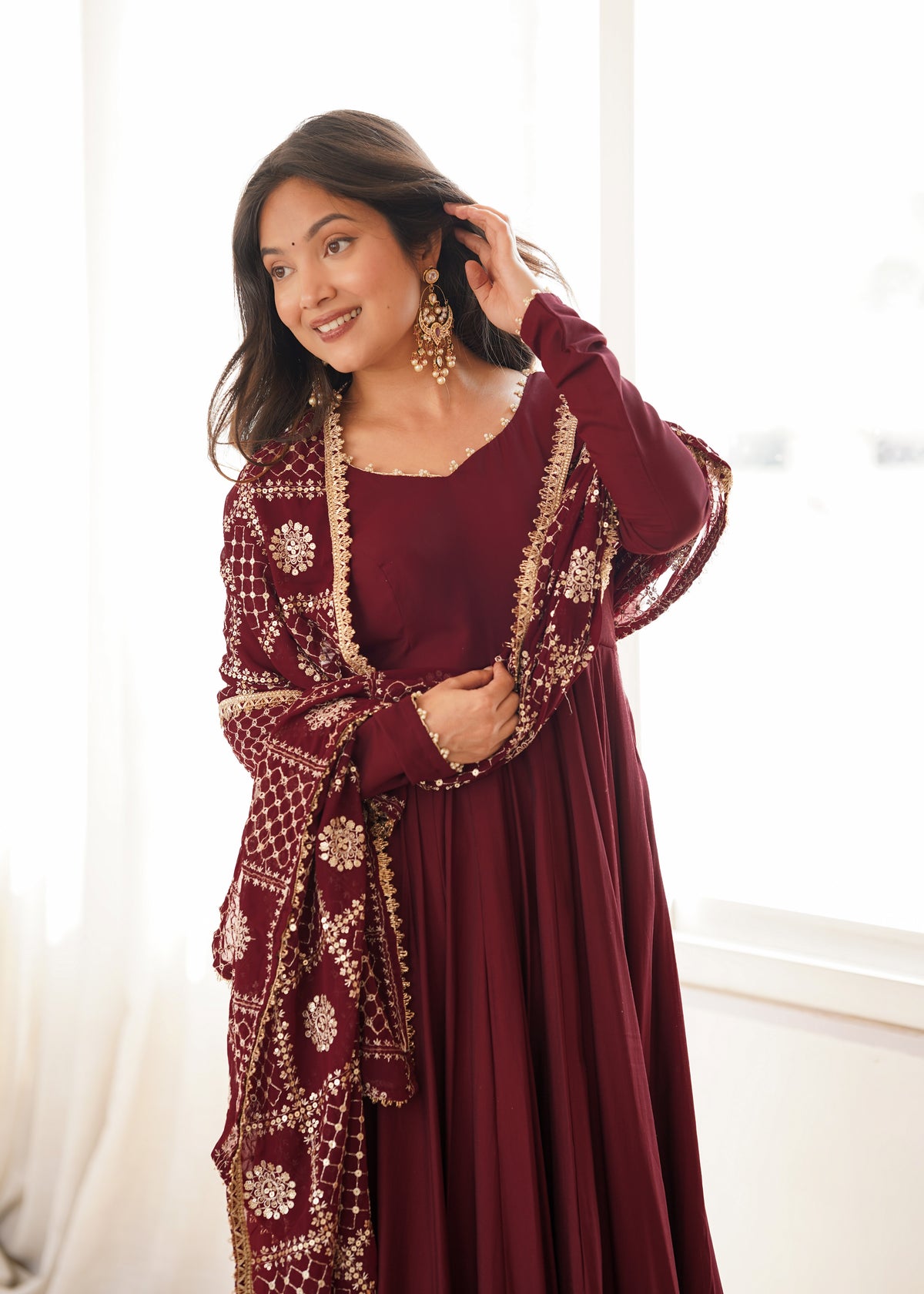 Maroon Anarkali Suit Set with Embroidered Dupatta – Elegant Festive Wear for Women
