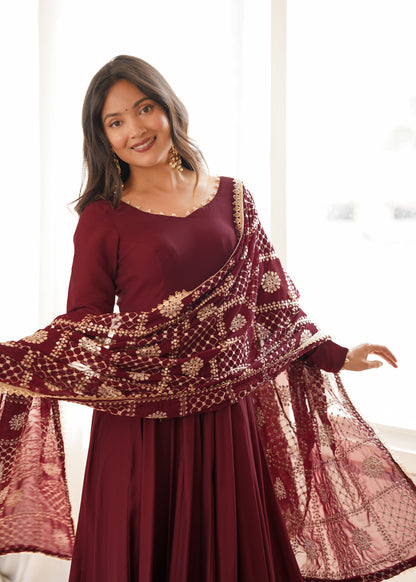 Maroon Anarkali Suit Set with Embroidered Dupatta – Elegant Festive Wear for Women