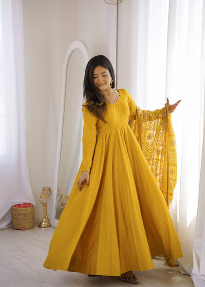 Mustard Yellow Anarkali Suit Set with Embroidered Dupatta – Festive Ethnic Wear for Women