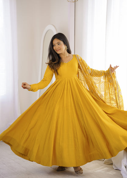 Mustard Yellow Anarkali Suit Set with Embroidered Dupatta – Festive Ethnic Wear for Women