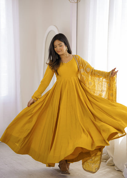 Mustard Yellow Anarkali Suit Set with Embroidered Dupatta – Festive Ethnic Wear for Women