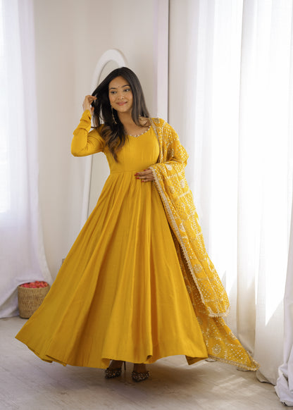 Mustard Yellow Anarkali Suit Set with Embroidered Dupatta – Festive Ethnic Wear for Women