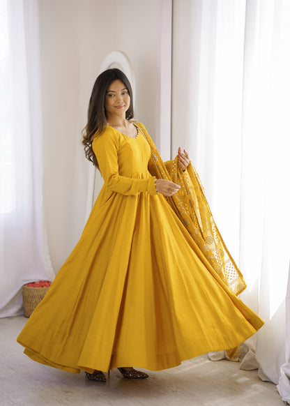 Mustard Yellow Anarkali Suit Set with Embroidered Dupatta – Festive Ethnic Wear for Women