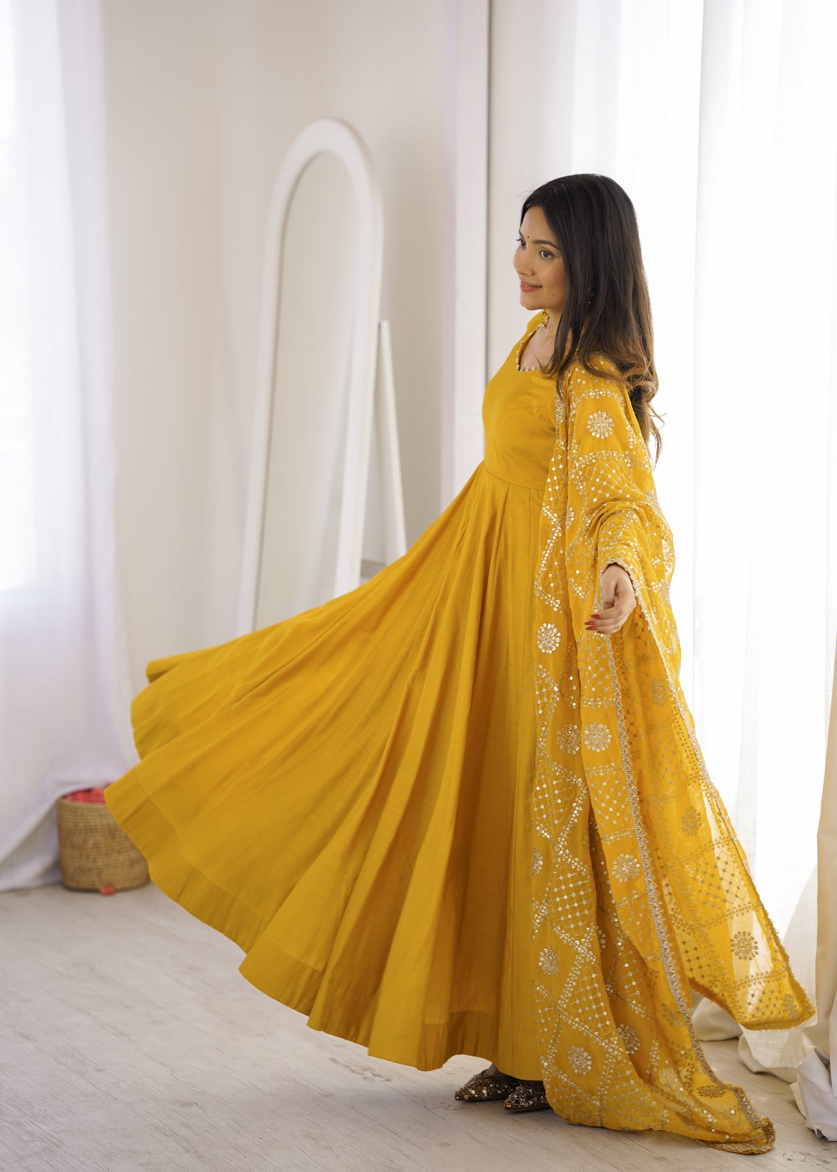 Mustard Yellow Anarkali Suit Set with Embroidered Dupatta – Festive Ethnic Wear for Women