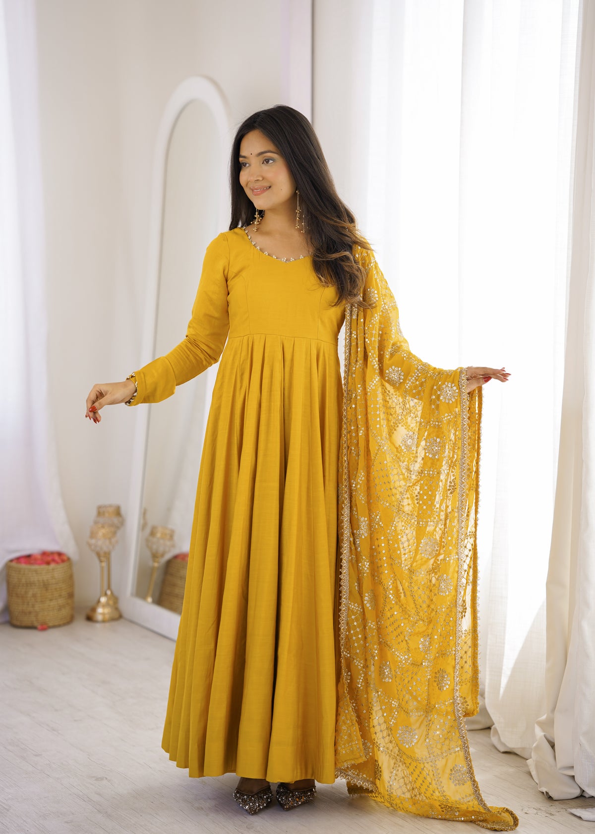 Mustard Yellow Anarkali Suit Set with Embroidered Dupatta – Festive Ethnic Wear for Women