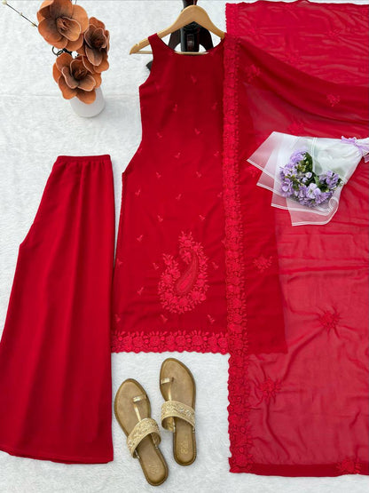Elegant Red Embroidered Kurta Set with Dupatta