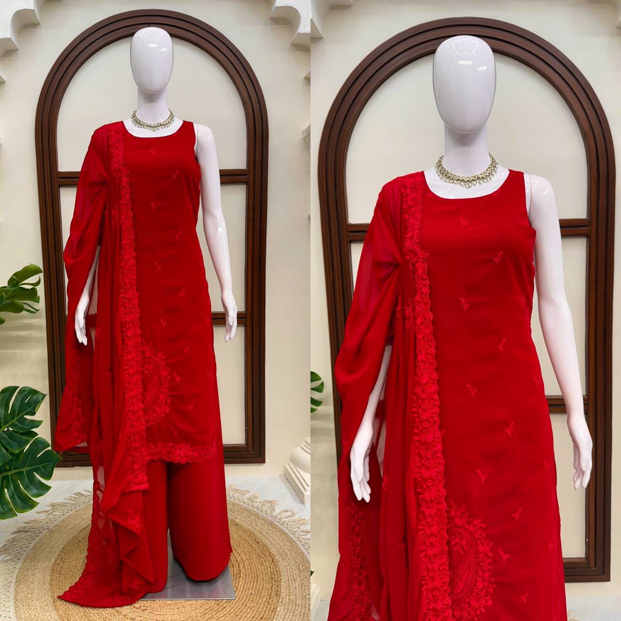 Elegant Red Embroidered Kurta Set with Dupatta