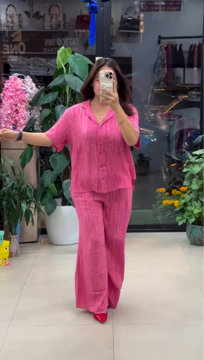 Women’s Pink Co-Ord Set – Stylish Casual Shirt & Wide-Leg Pants Set
