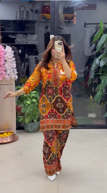 Women’s Ethnic Printed Kurta Pant Set – Multicolor Traditional Print