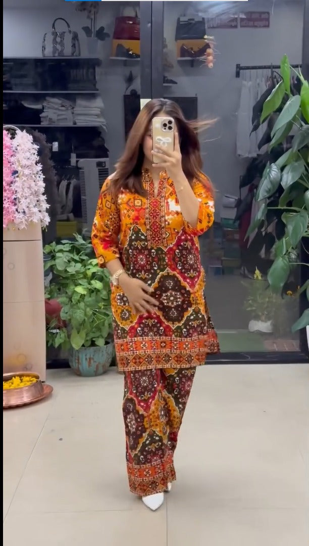 Women’s Ethnic Printed Kurta Pant Set – Multicolor Traditional Print