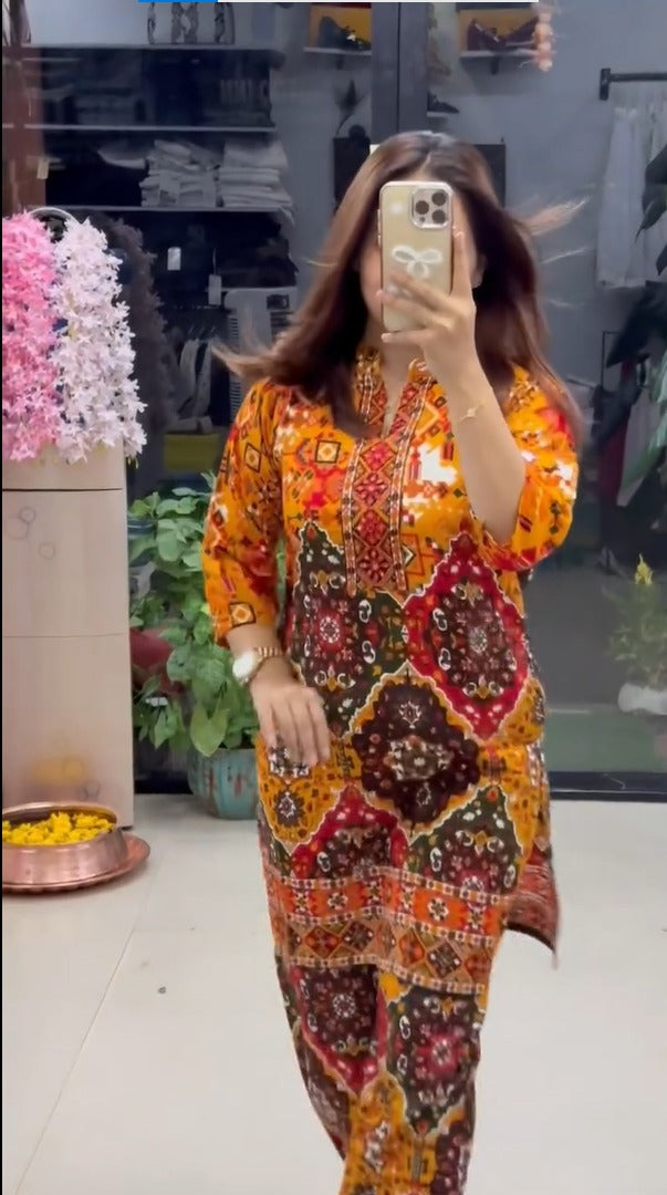 Women’s Ethnic Printed Kurta Pant Set – Multicolor Traditional Print