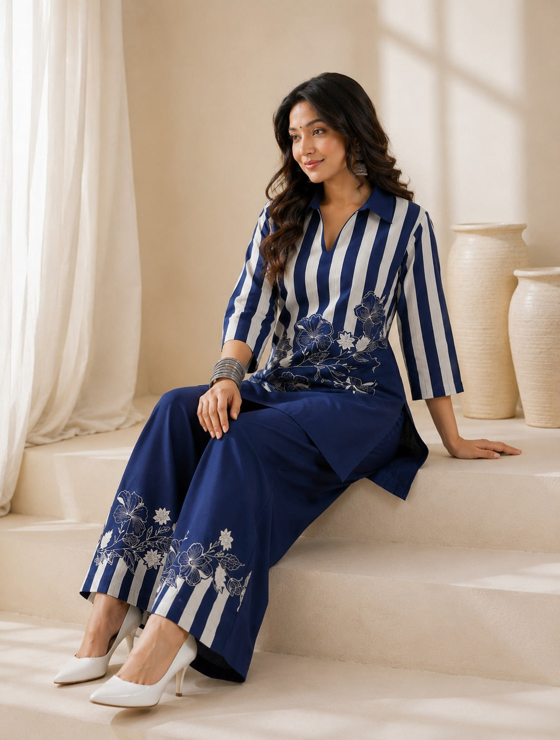 Navy Blue Floral Printed Kurta Palazzo Set