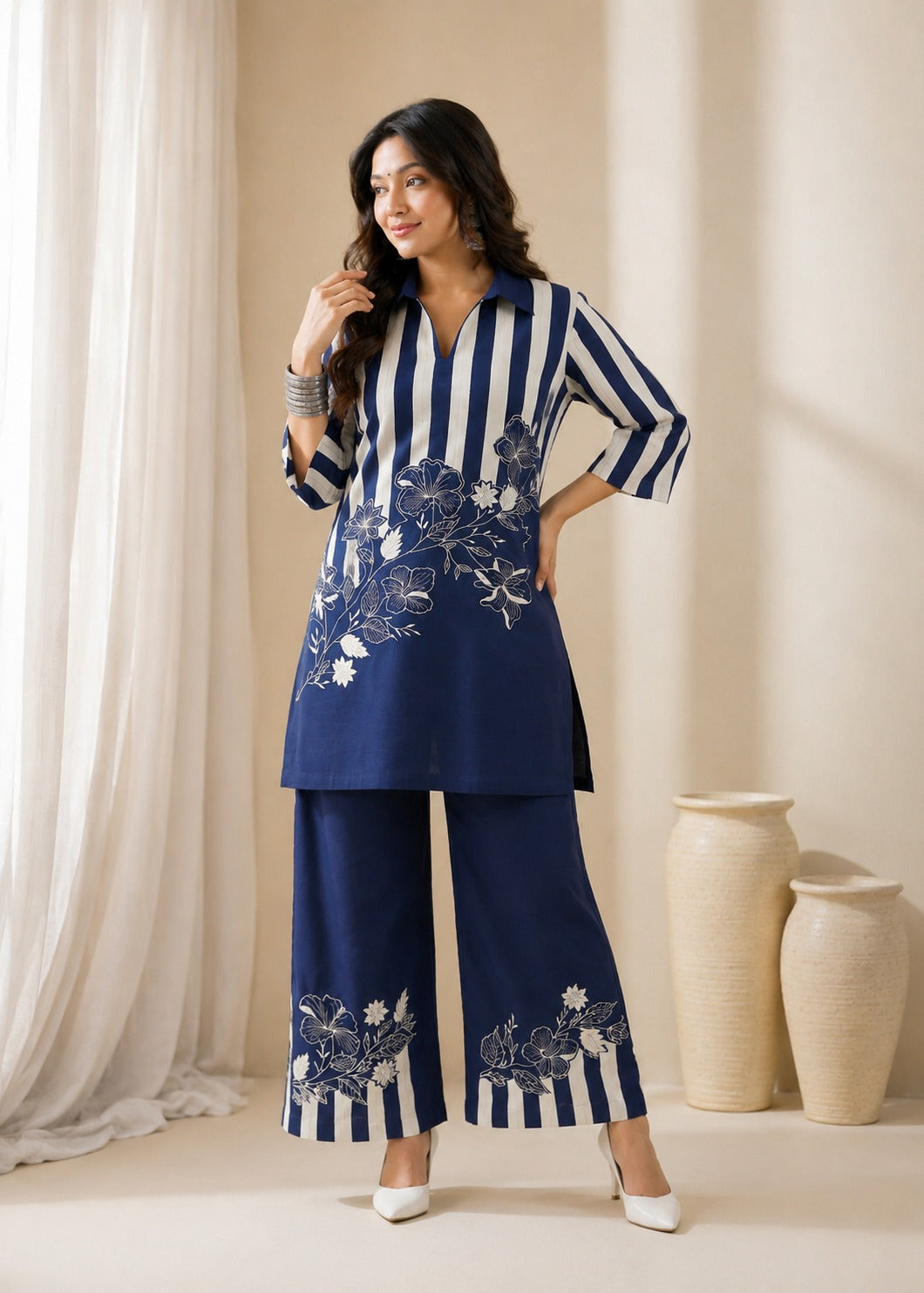 Navy Blue Floral Printed Kurta Palazzo Set