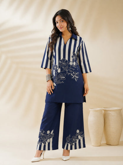 Navy Blue Floral Printed Kurta Palazzo Set