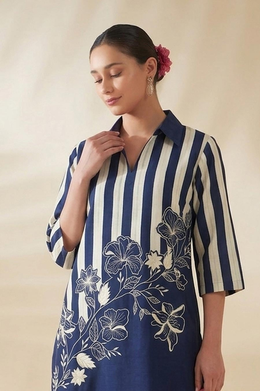 Navy Blue Floral Printed Kurta Palazzo Set
