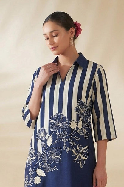 Navy Blue Floral Printed Kurta Palazzo Set