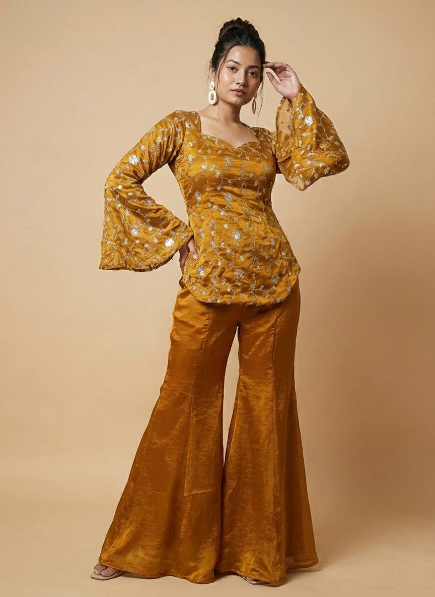 Mustard Yellow Floral Printed Kurta Palazzo Set with Dupatta