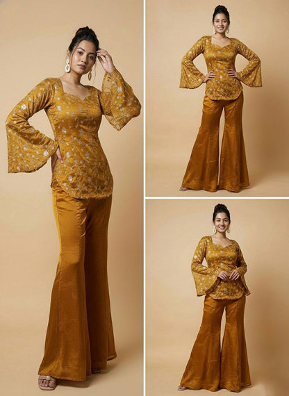 Mustard Yellow Floral Printed Kurta Palazzo Set with Dupatta