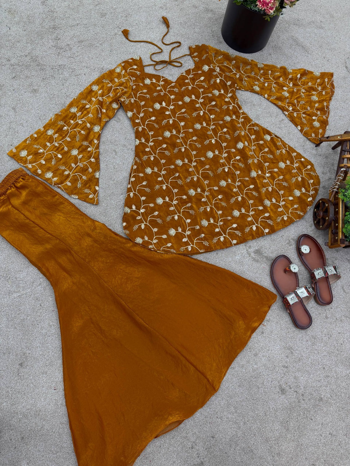 Mustard Yellow Floral Printed Kurta Palazzo Set with Dupatta