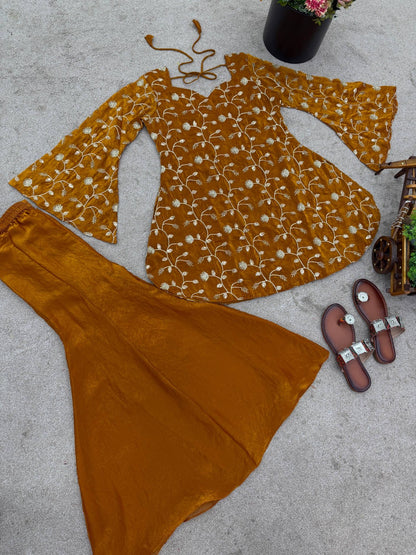 Mustard Yellow Floral Printed Kurta Palazzo Set with Dupatta