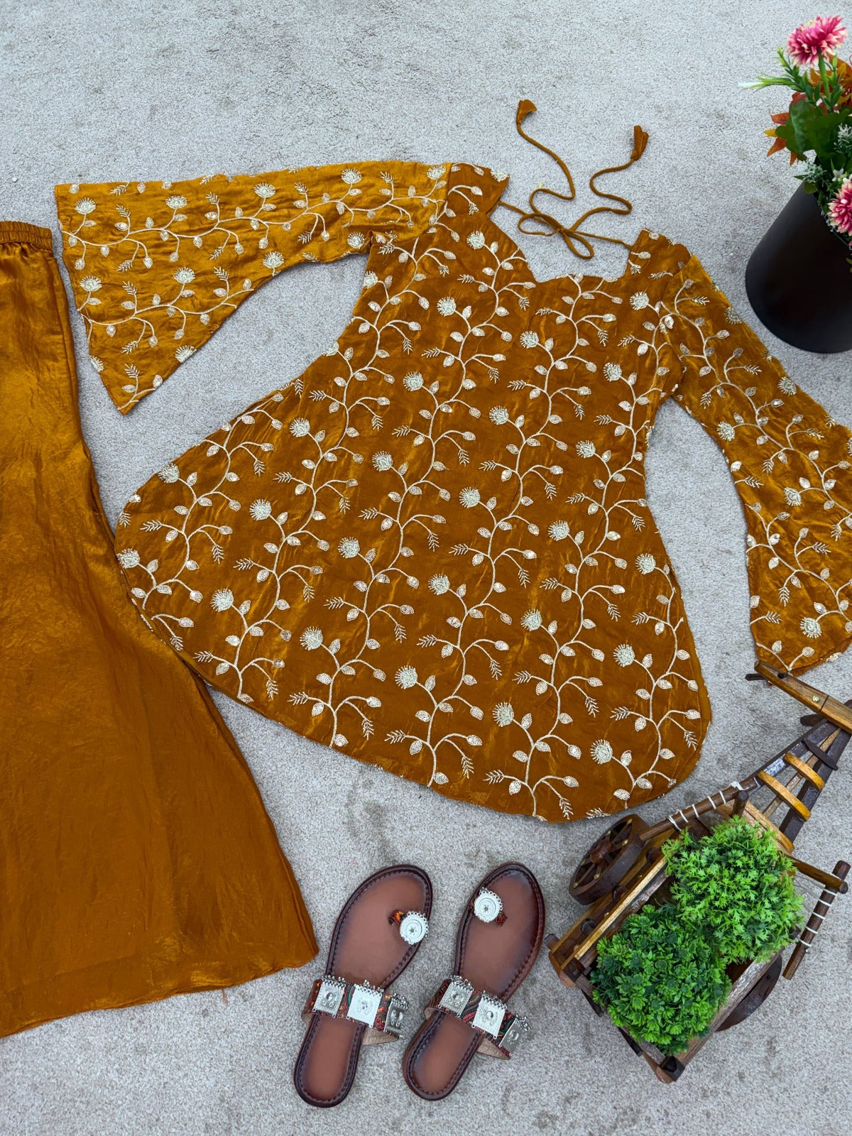 Mustard Yellow Floral Printed Kurta Palazzo Set with Dupatta