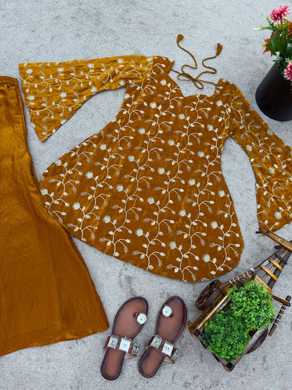 Mustard Yellow Floral Printed Kurta Palazzo Set with Dupatta