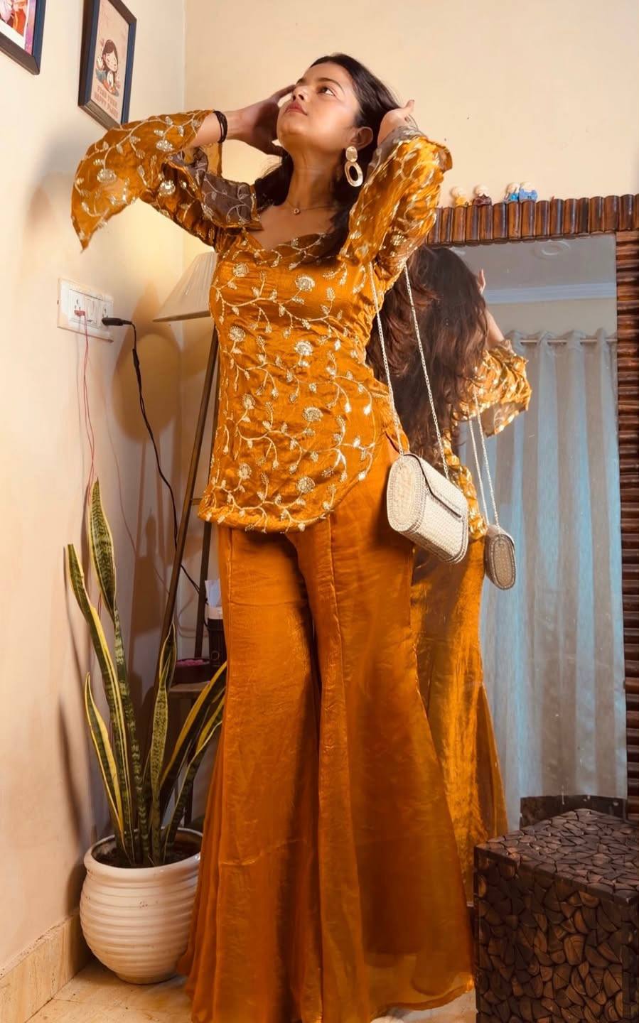 Mustard Yellow Floral Printed Kurta Palazzo Set with Dupatta