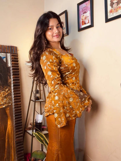 Mustard Yellow Floral Printed Kurta Palazzo Set with Dupatta
