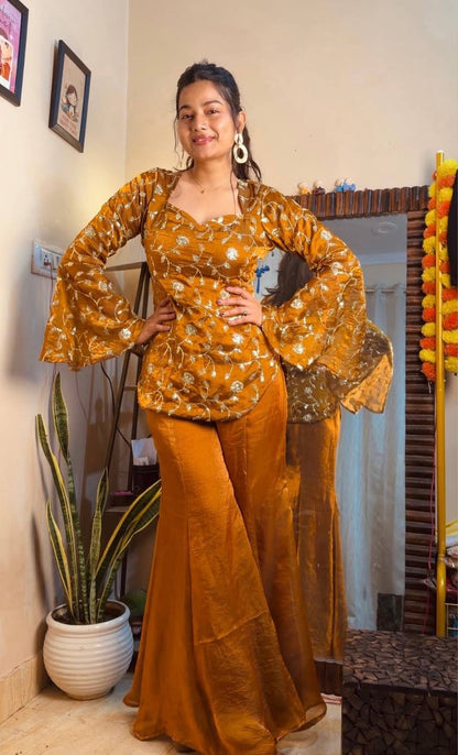 Mustard Yellow Floral Printed Kurta Palazzo Set with Dupatta