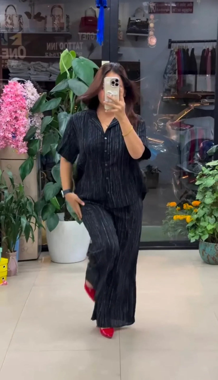 Women’s Pink Co-Ord Set – Stylish Casual Shirt & Wide-Leg Pants Set