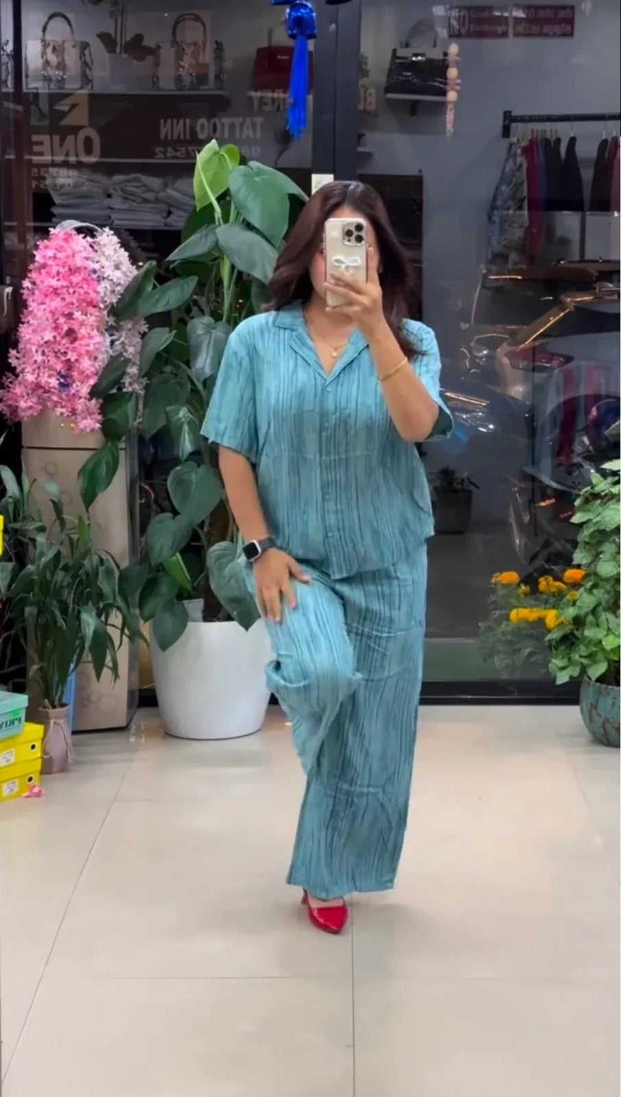 Women’s Pink Co-Ord Set – Stylish Casual Shirt & Wide-Leg Pants Set