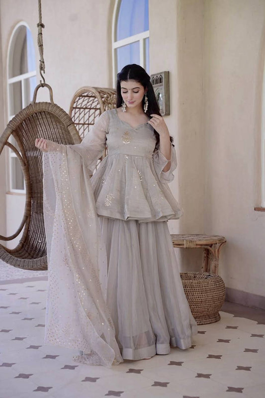 Ivory Grey Embroidered Peplum Sharara Set with Organza Dupatta