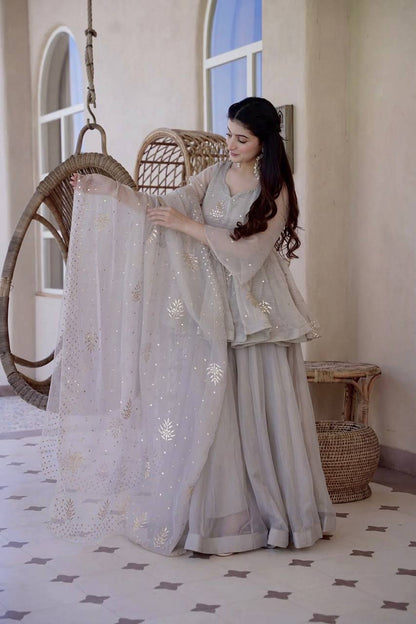 Ivory Grey Embroidered Peplum Sharara Set with Organza Dupatta