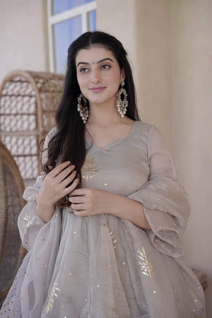Ivory Grey Embroidered Peplum Sharara Set with Organza Dupatta