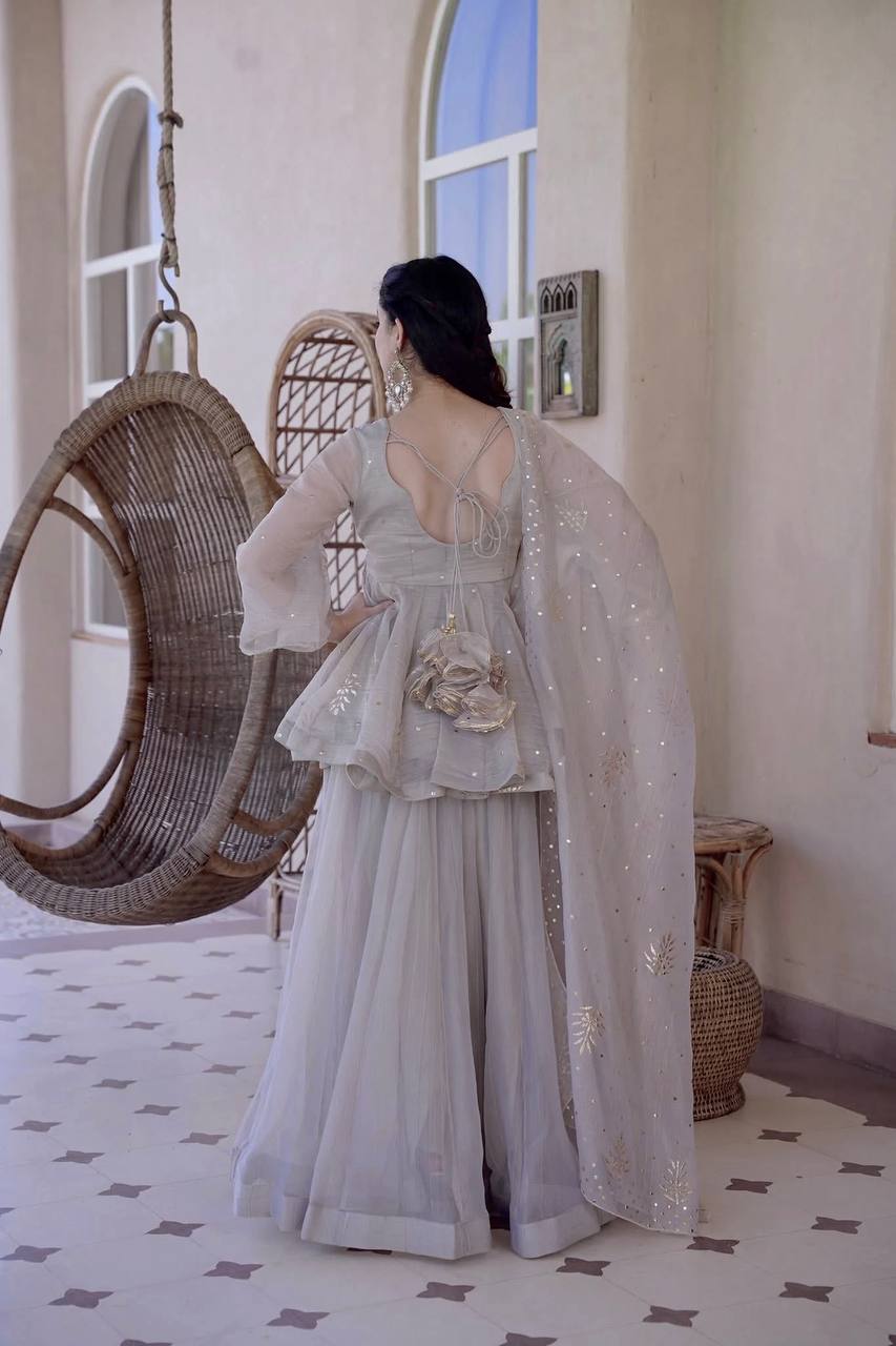 Ivory Grey Embroidered Peplum Sharara Set with Organza Dupatta
