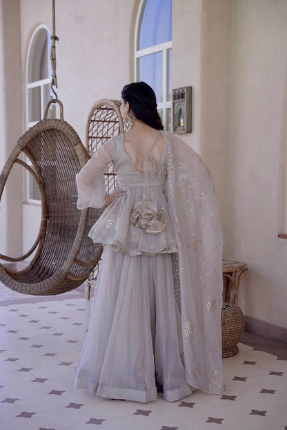 Ivory Grey Embroidered Peplum Sharara Set with Organza Dupatta