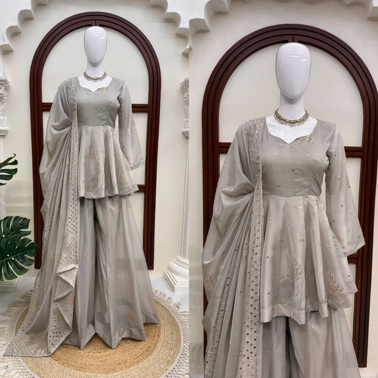 Ivory Grey Embroidered Peplum Sharara Set with Organza Dupatta