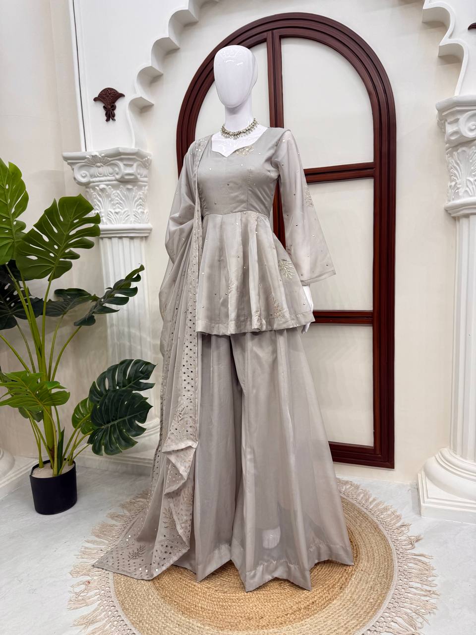 Ivory Grey Embroidered Peplum Sharara Set with Organza Dupatta