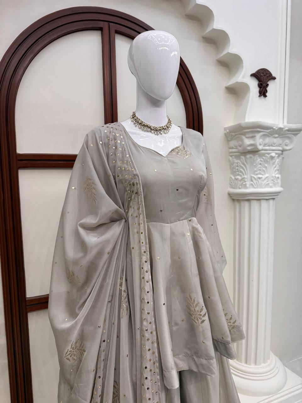 Ivory Grey Embroidered Peplum Sharara Set with Organza Dupatta