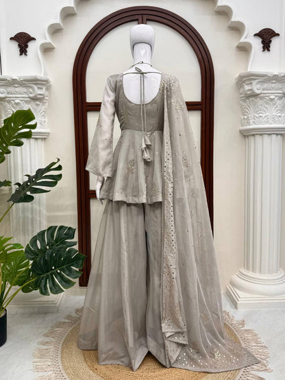 Ivory Grey Embroidered Peplum Sharara Set with Organza Dupatta